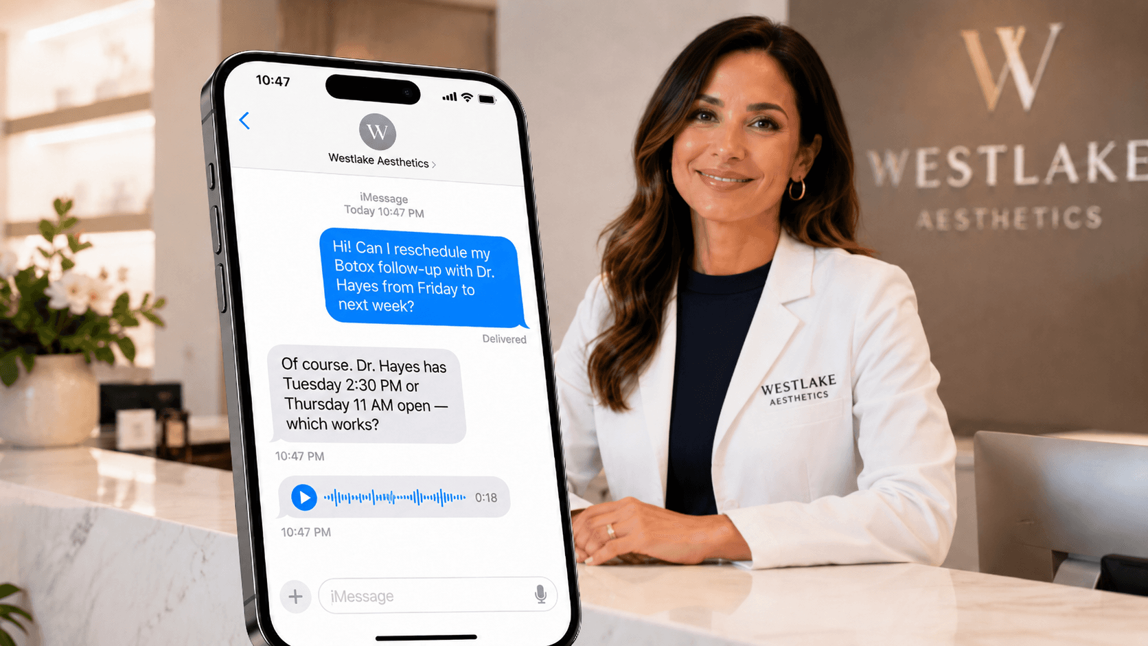 A Westlake Aesthetics clinician sits at reception beside an iMessage thread showing a synthetic patient rescheduling conversation at 10:47 PM.
